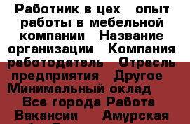 Работник в цех – опыт работы в мебельной компании › Название организации ­ Компания-работодатель › Отрасль предприятия ­ Другое › Минимальный оклад ­ 1 - Все города Работа » Вакансии   . Амурская обл.,Благовещенск г.